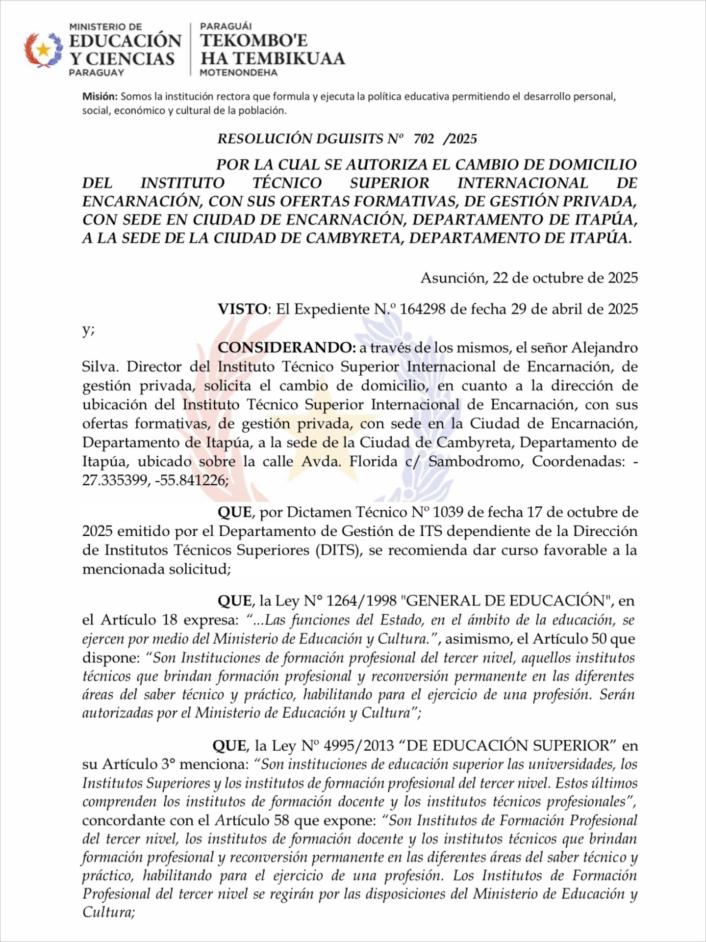 El Instituto Internacional De Encarnación - Ie Comunica La Obtención De La Resolución Y Habilitación Definitiva De Su Sede Propia En El Distrito De Cambyreta.